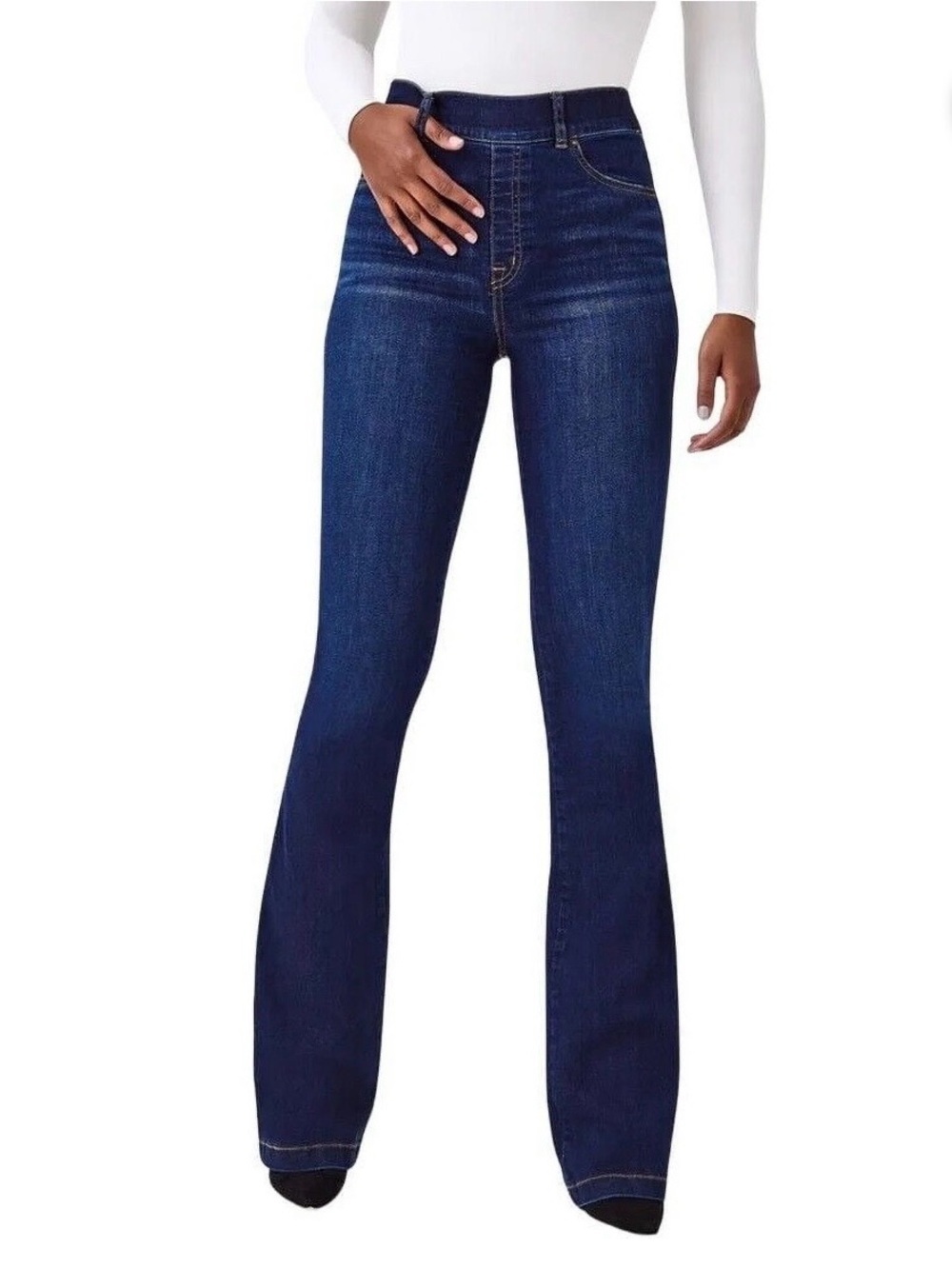 SPANX Flare Jeans Small Midnight Dark Wash 34” Inseam Pull On Denim